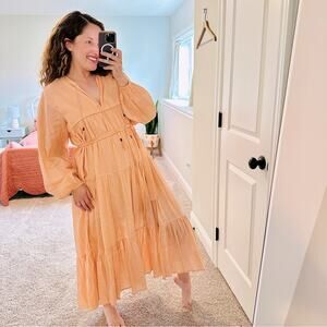 Emerson Fry India Collection Pink Peach Metallic Long Sleeve Maxi Dress M/L